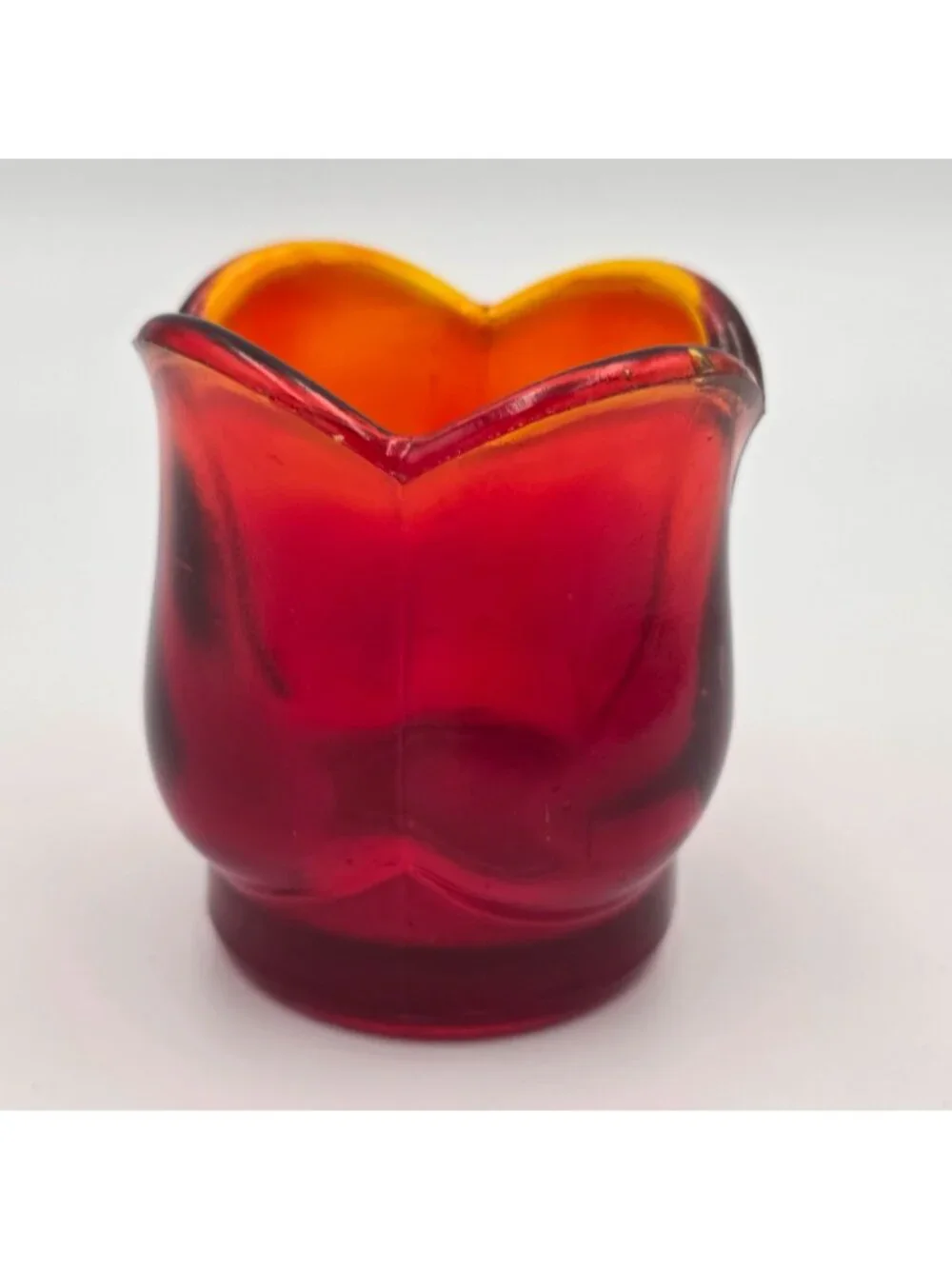 Vintage Glass Tulip Candle Holder Votive Red Orange Cadmium  70s